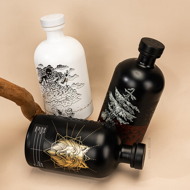 Einzigartige Hei&szlig;stempelmuster runde Schulterglasflaschenflasche